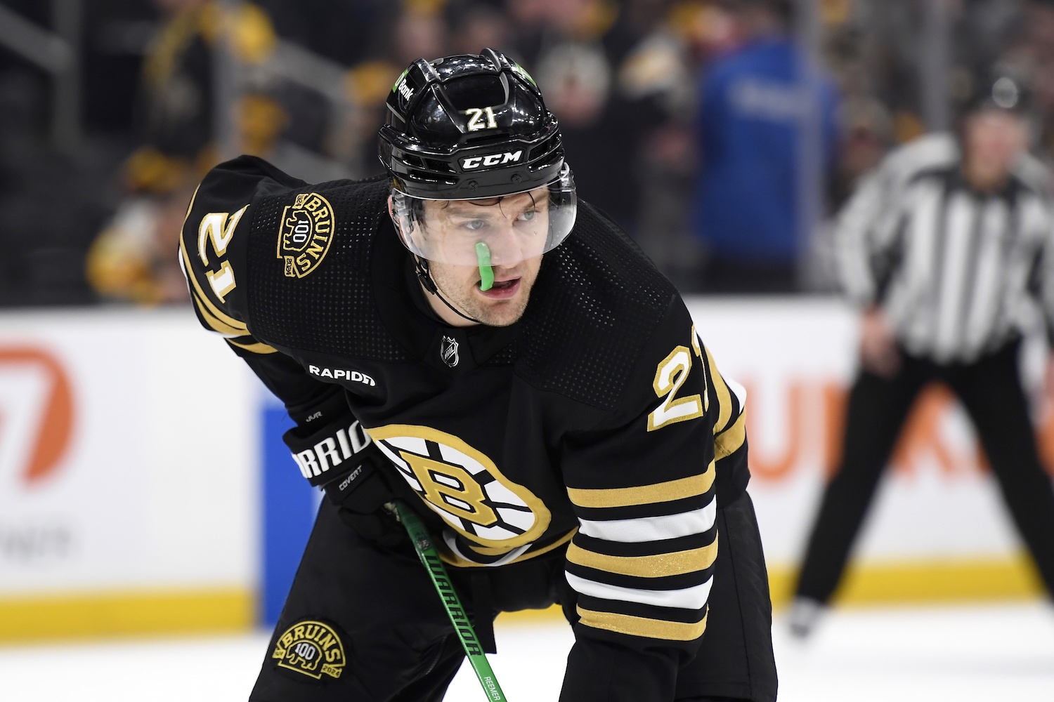 Dec 3, 2023; Boston, Massachusetts, USA; Boston Bruins left wing James van Riemsdyk (21) gets set for a face-off during the third period against the Columbus Blue Jackets at TD Garden. Mandatory Credit: Bob DeChiara-USA TODAY Sports