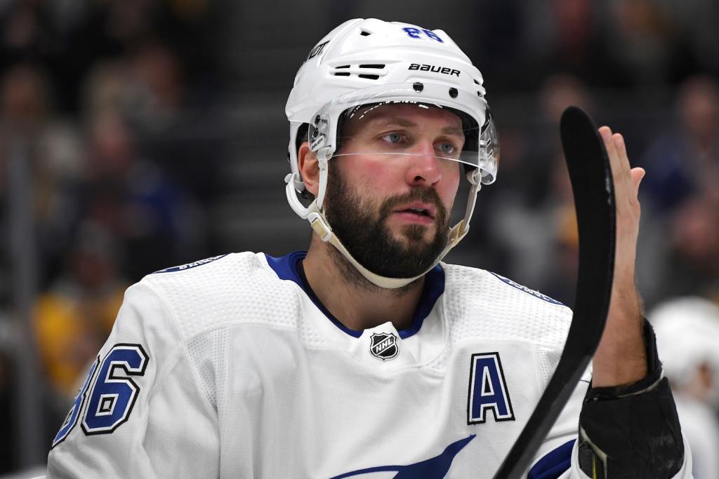 Dec 7, 2023; Nashville, Tennessee, USA; Tampa Bay Lightning right wing Nikita Kucherov (86) checks his stick during a stoppage during the second period against the Nashville Predators at Bridgestone Arena. Mandatory Credit: Christopher Hanewinckel-USA TODAY Sports