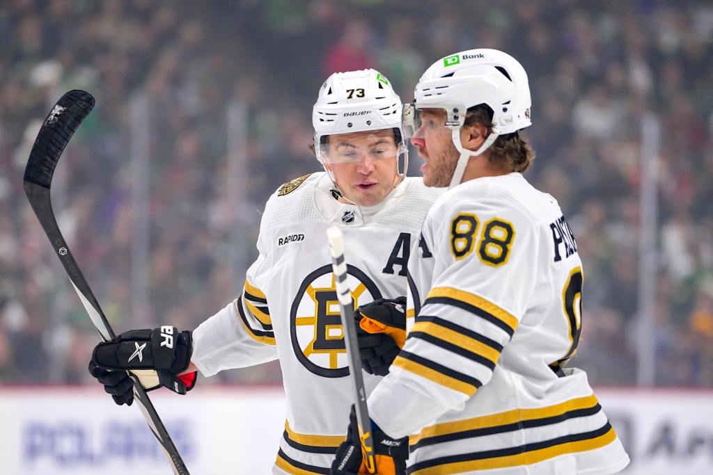 Dec 23, 2023; Saint Paul, Minnesota, USA; Boston Bruins right wing David Pastrnak (88) celebrates his goal with defenseman Charlie McAvoy (73) against the Minnesota Wild in the first period at Xcel Energy Center. Mandatory Credit: Brad Rempel-USA TODAY Sports