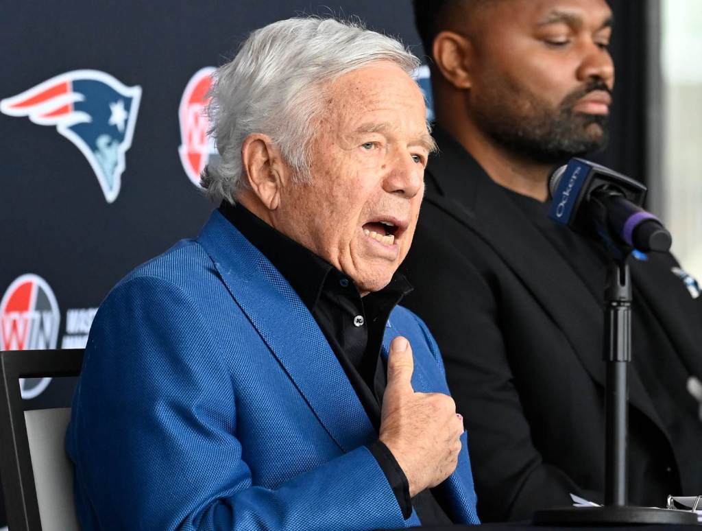 Jan 17, 2024; Foxborough, MA, USA; New England Patriots owner Robert Kraft answers questions from the media at a press conference at Gillette Stadium to announce the team's hiring of head coach Jerod Mayo (not pictured). Credit: Eric Canha-USA TODAY Sports