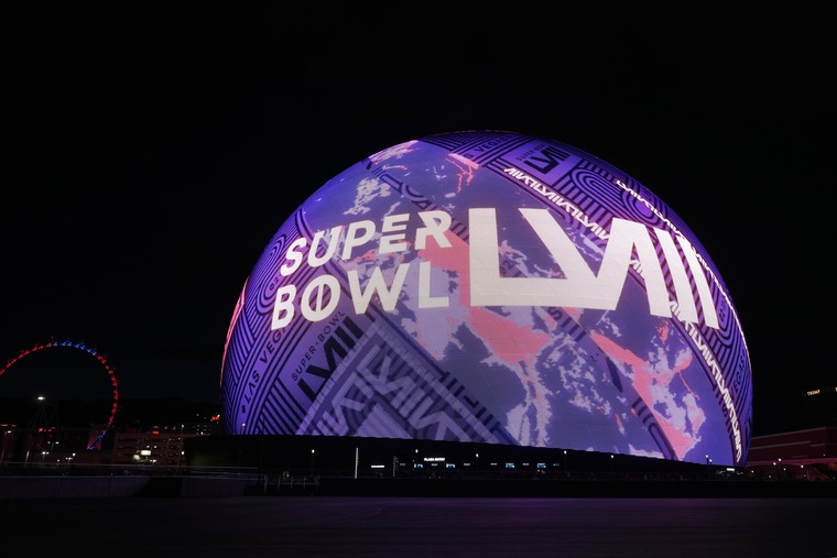 Feb 7, 2024; Las Vegas, NV, USA; Super Bowl 58 signage on the Sphere. Mandatory Credit: Kirby Lee-USA TODAY Sports