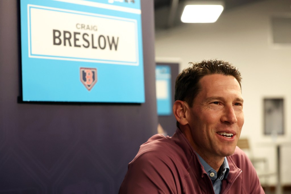 Feb 15, 2024; Tampa, FL, USA; Boston Red Sox chief baseball officer Craig Breslow talks with media at George M. Steinbrenner Field. Mandatory Credit: Kim Klement Neitzel-USA TODAY Sports