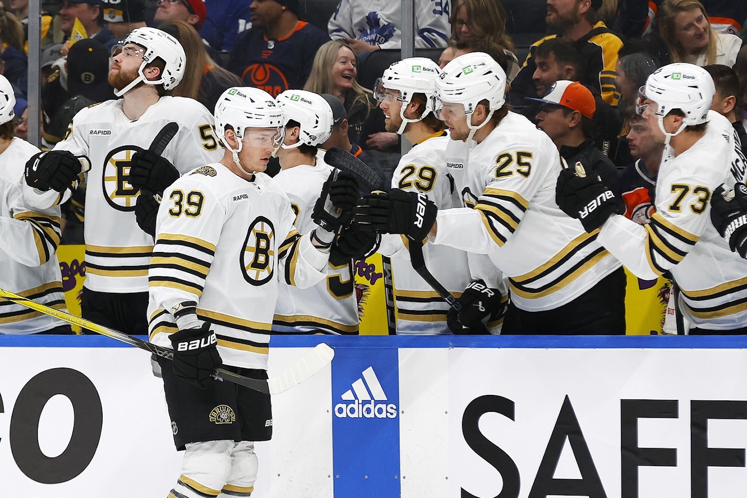 Feb 21, 2024; Edmonton, Alberta, CAN; The Boston Bruins celebrate a goal scored by forward Morgan Geekie (39) during the first period against the Edmonton Oilers at Rogers Place. Mandatory Credit: Perry Nelson-USA TODAY Sports