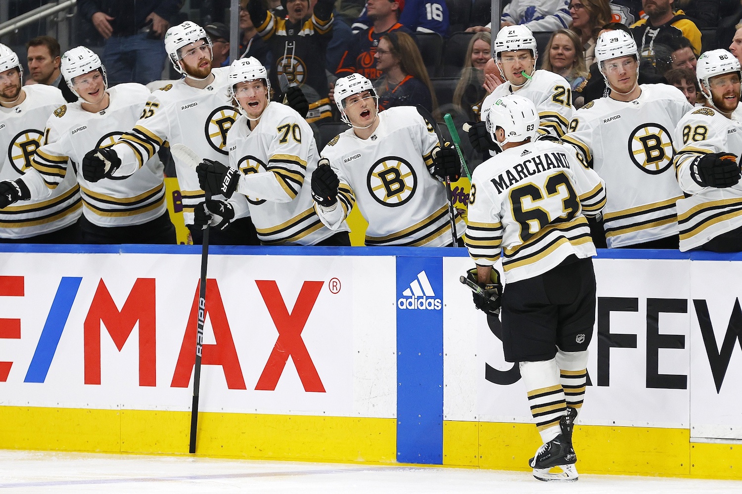 Feb 21, 2024; Edmonton, Alberta, CAN; The Boston Bruins celebrate a goal scored by forward Brad Marchand (63) during the second period against the Edmonton Oilers at Rogers Place. Mandatory Credit: Perry Nelson-USA TODAY Sports