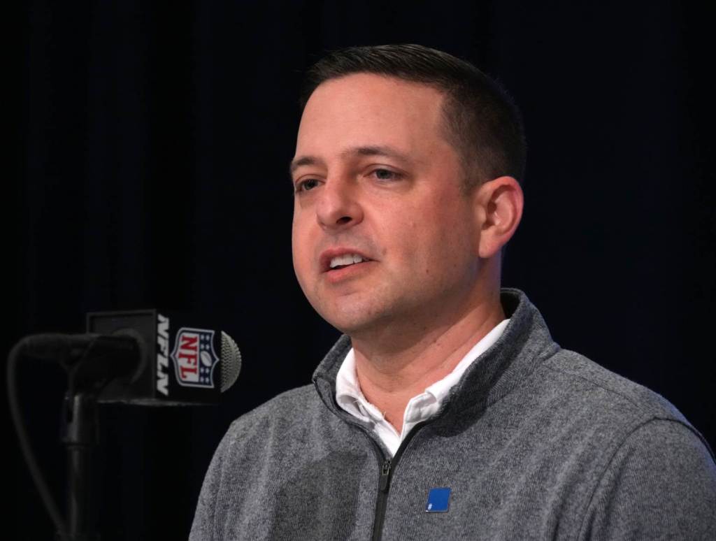 Feb 27, 2024; Indianapolis, IN, USA; New England Patriots director of scouting Eliot Wolf during the NFL Scouting Combine at Indiana Convention Center. Credit: Kirby Lee-USA TODAY Sports