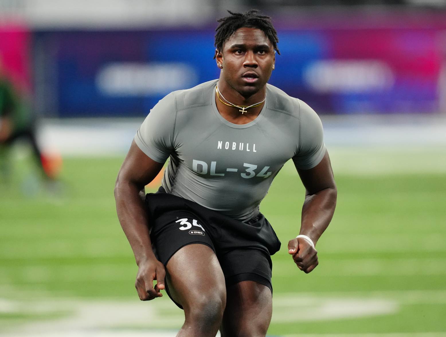 Feb 29, 2024; Indianapolis, IN, USA; Houston Christian defensive lineman Jalyx Hunt (DL34) works out during the 2024 NFL Combine at Lucas Oil Stadium. Credit: Kirby Lee-USA TODAY Sports