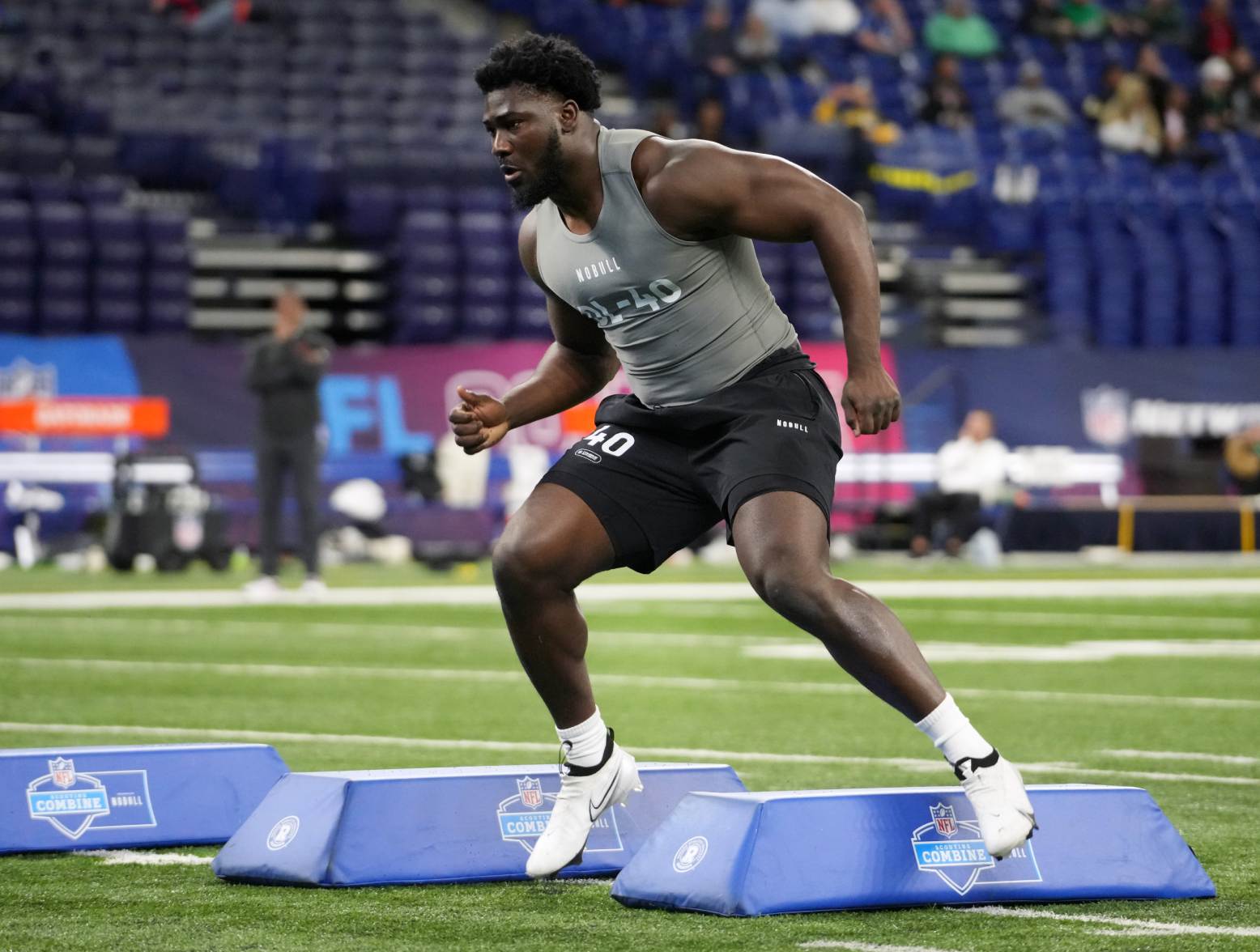 Feb 29, 2024; Indianapolis, IN, USA; Colorado State defensive lineman Mohamed Kamara (DL40) works out during the 2024 NFL Combine at Lucas Oil Stadium. Credit: Kirby Lee-USA TODAY Sports
