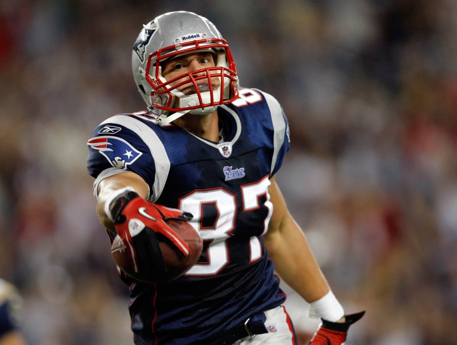 Aug 26, 2010; Foxboro, MA, USA; New England Patriots tight end Rob Gronkowski (87) reacts after making a touchdown during the pre-season game's second half at Gillette Stadium. The Rams defeated the Patriots 36-35. Credit: David Butler II-US PRESSWIRE