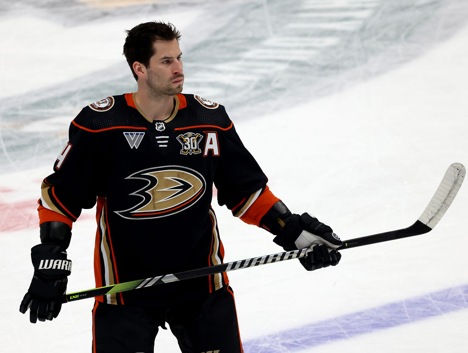 ANAHEIM, CALIFORNIA - JANUARY 23: Adam Henrique #14 of the Anaheim Ducks during warm up before the game against the Buffalo Sabres at Honda Center on January 23, 2024 in Anaheim, California. (Photo by Harry How/Getty Images)