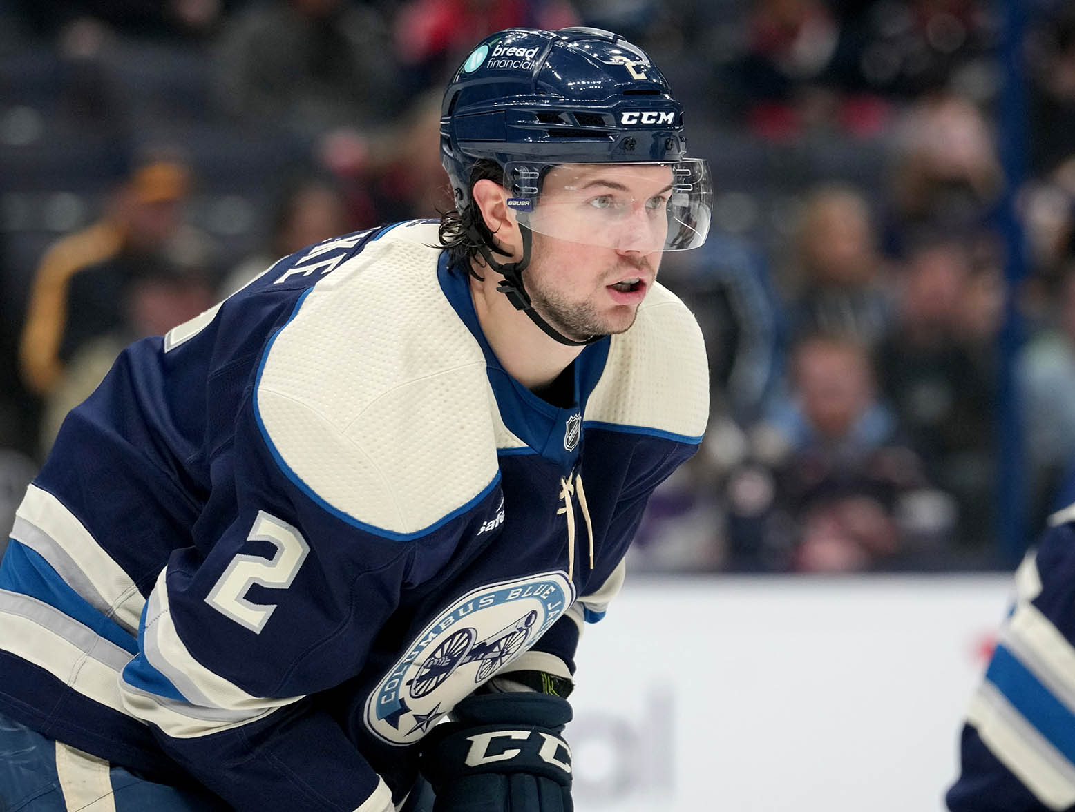 COLUMBUS, OHIO - MARCH 11: Andrew Peeke #2 of the Columbus Blue Jackets waits for play to beginduring the third period against the St. Louis Blues at Nationwide Arena on March 11, 2023 in Columbus, Ohio. (Photo by Jason Mowry/Getty Images)