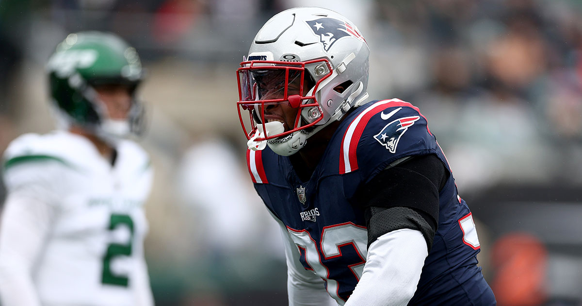 EAST RUTHERFORD, NEW JERSEY - SEPTEMBER 24: Anfernee Jennings #33 of the New England Patriots celebrates a stop against the New York Jets in the first half at MetLife Stadium on September 24, 2023 in East Rutherford, New Jersey. (Photo by Elsa/Getty Images)