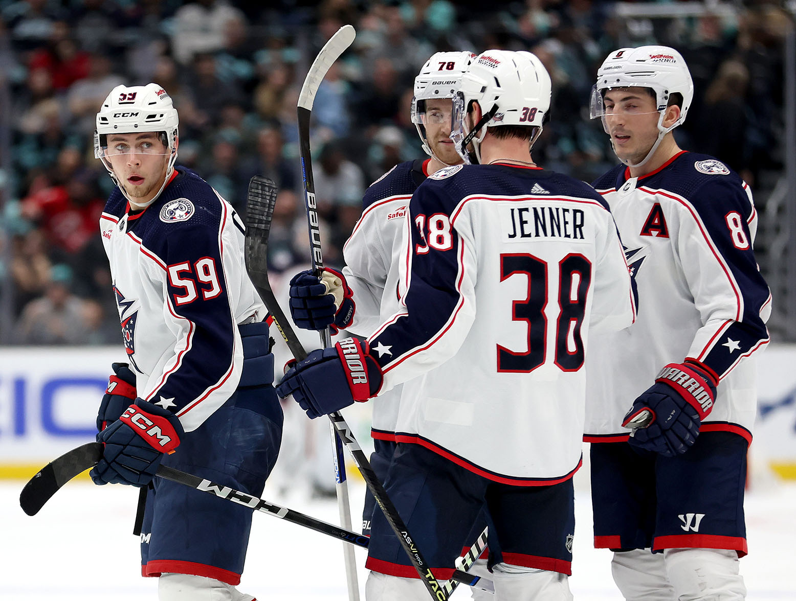 SEATTLE, WASHINGTON - JANUARY 28: Yegor Chinakhov #59 of the Columbus Blue Jackets celebrates his goal during the third period against the Seattle Kraken at Climate Pledge Arena on January 28, 2024 in Seattle, Washington. (Photo by Steph Chambers/Getty Images)