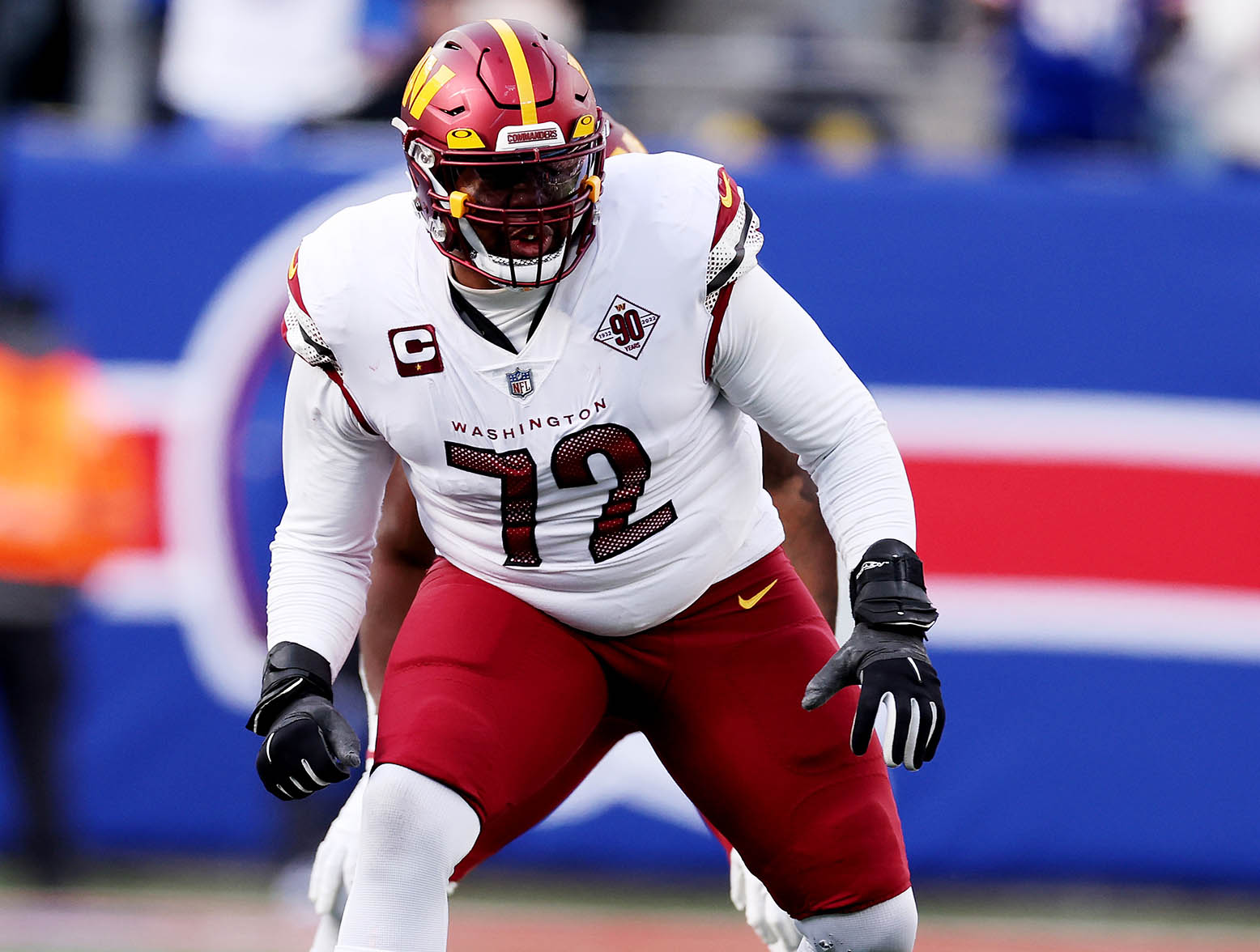 EAST RUTHERFORD, NEW JERSEY - DECEMBER 04: Charles Leno Jr. #72 of the Washington Commanders in action against the Washington Commanders during their game at MetLife Stadium on December 04, 2022 in East Rutherford, New Jersey. (Photo by Al Bello/Getty Images)