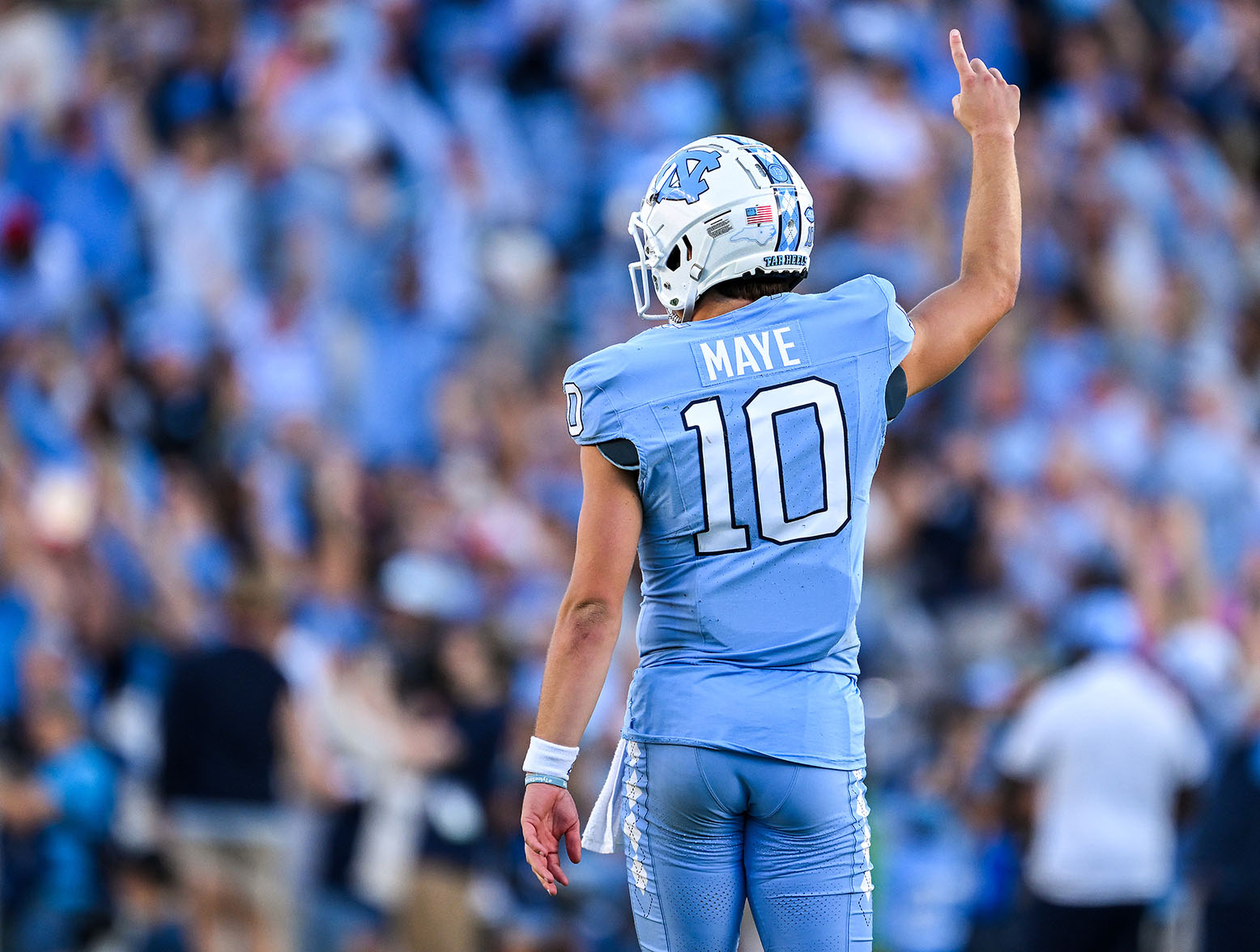 CHAPEL HILL, NORTH CAROLINA - OCTOBER 07: Drake Maye #10 of the North Carolina Tar Heels reacts after throwing for a touchdown against the Syracuse Orange during the second half of their game at Kenan Memorial Stadium on October 07, 2023 in Chapel Hill, North Carolina. The Tar Heels won 40-7. (Photo by Grant Halverson/Getty Images)