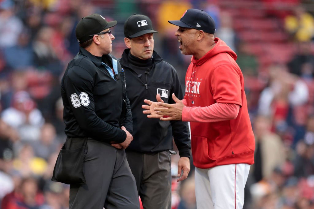 BOSTON, MASSACHUSETTS - JUNE 05: Manager Alex Cora of the Boston Red Sox argues with home plate umpire Chris Guccione during the eighth inning against the Tampa Bay Rays at Fenway Park on June 05, 2023 in Boston, Massachusetts. (Photo by Nick Grace/Getty Images)