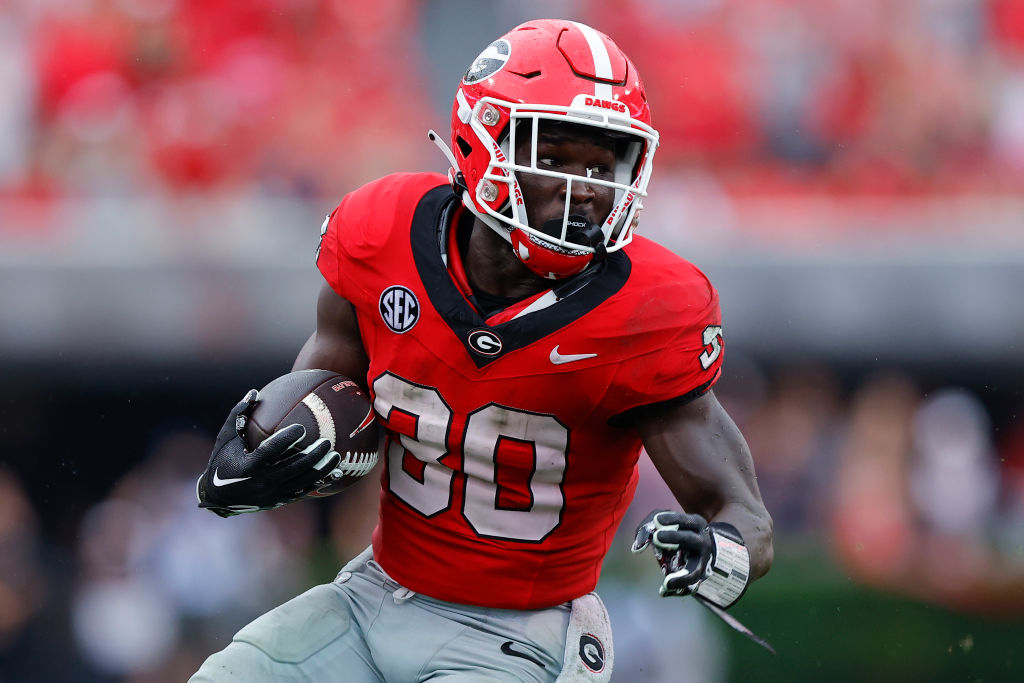 ATHENS, GEORGIA - SEPTEMBER 16: Daijun Edwards #30 of the Georgia Bulldogs rushes during the second half against the South Carolina Gamecocks at Sanford Stadium on September 16, 2023 in Athens, Georgia. (Photo by Todd Kirkland/Getty Images)