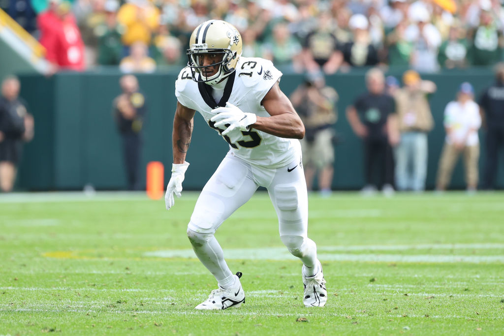 GREEN BAY, WISCONSIN - SEPTEMBER 24: Michael Thomas #13 of the New Orleans Saints runs a pass route during a game against the Green Bay Packers at Lambeau Field on September 24, 2023 in Green Bay, Wisconsin. (Photo by Stacy Revere/Getty Images)