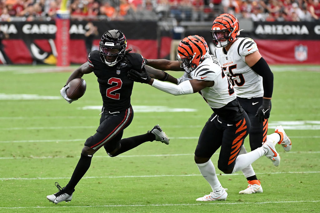 GLENDALE, ARIZONA - OCTOBER 08: Marquise Brown #2 of the Arizona Cardinals runs the ball against the Cincinnati Bengals during the third quarter at State Farm Stadium on October 08, 2023 in Glendale, Arizona. (Photo by Norm Hall/Getty Images)