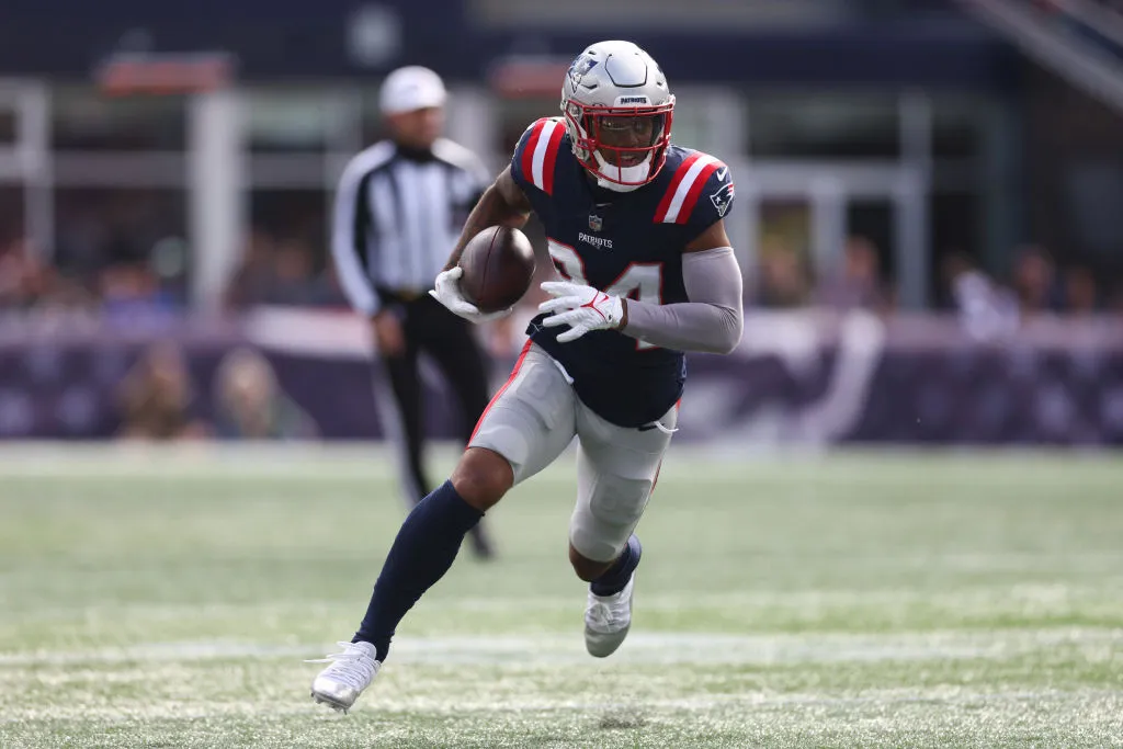 FOXBOROUGH, MASSACHUSETTS - OCTOBER 22: Kendrick Bourne #84 of the New England Patriots carries the ball in the second quarter of the game against the Buffalo Bills at Gillette Stadium on October 22, 2023 in Foxborough, Massachusetts. (Photo by Maddie Meyer/Getty Images)