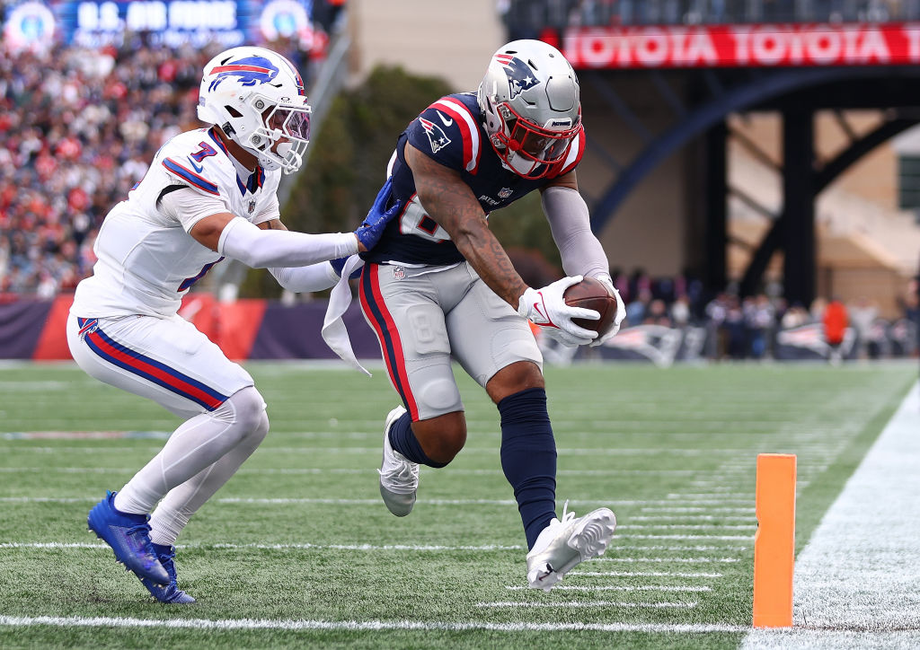 FOXBOROUGH, MASSACHUSETTS - OCTOBER 22: Kendrick Bourne #84 of the New England Patriots scores a touchdown in the fourth quarter of the game against the Buffalo Bills at Gillette Stadium on October 22, 2023 in Foxborough, Massachusetts. (Photo by Maddie Meyer/Getty Images)