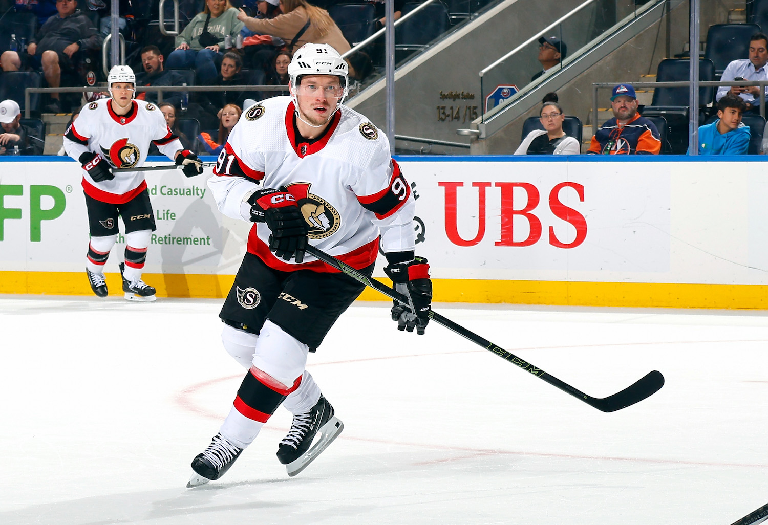 ELMONT, NEW YORK - OCTOBER 26: Vladimir Tarasenko #91 of the Ottawa Senators skates against the New York Islanders at UBS Arena on October 26, 2023 in Elmont, New York. (Photo by Bruce Bennett/Getty Images)