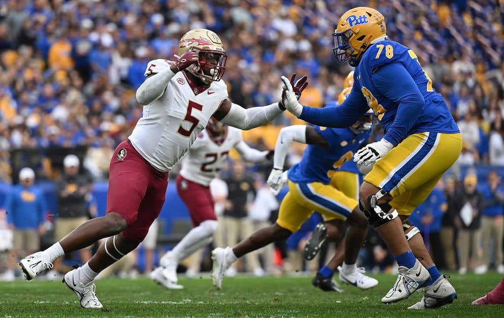 PITTSBURGH, PENNSYLVANIA - NOVEMBER 4: Jared Verse #5 of the Florida State Seminoles rushes the pocket against Branson Taylor #78 of the Pittsburgh Panthers in the first quarter during the game at Acrisure Stadium on November 4, 2023 in Pittsburgh, Pennsylvania. (Photo by Justin Berl/Getty Images)