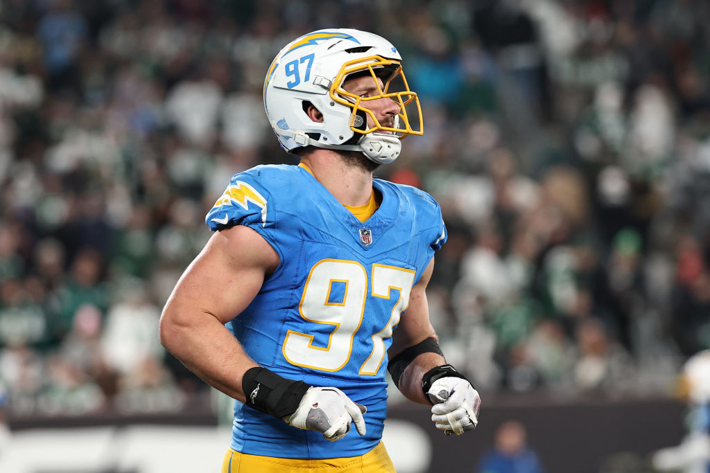 EAST RUTHERFORD, NEW JERSEY - NOVEMBER 06: Joey Bosa #97 of the Los Angeles Chargers reacts during the second half against the New York Jets at MetLife Stadium on November 06, 2023 in East Rutherford, New Jersey. (Photo by Dustin Satloff/Getty Images)