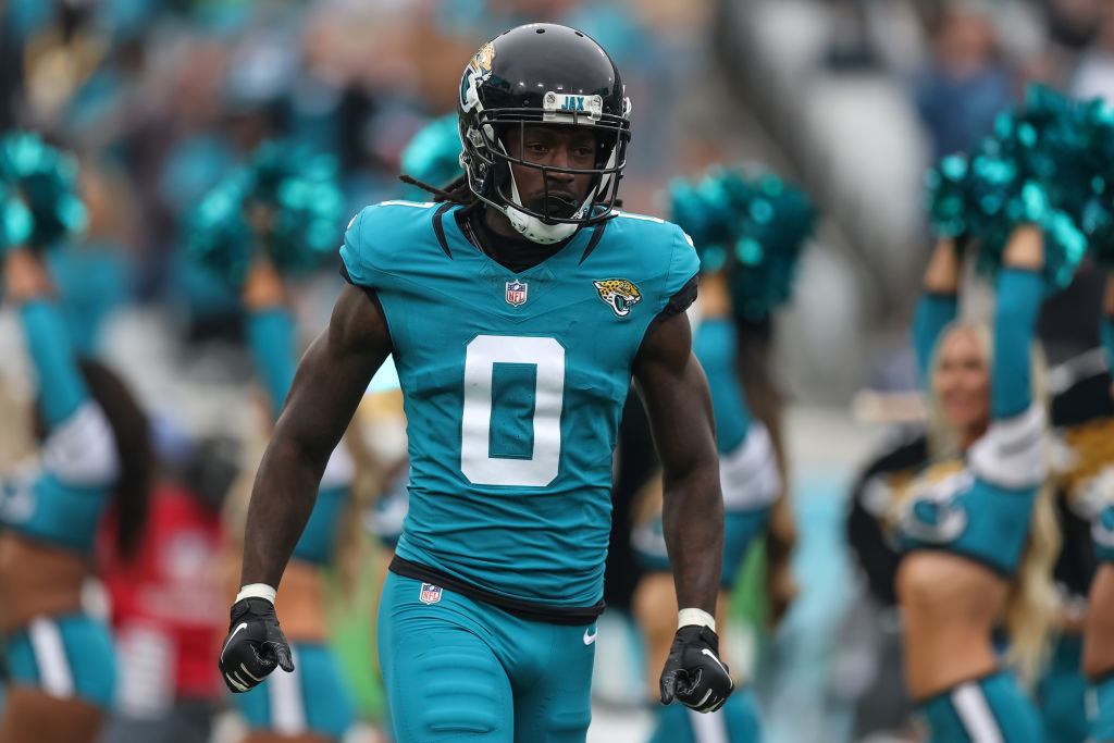 JACKSONVILLE, FLORIDA - NOVEMBER 12: Calvin Ridley #0 of the Jacksonville Jaguars is introduced against the San Francisco 49ers during the game at EverBank Field on November 12, 2023 in Jacksonville, Florida. (Photo by Mike Carlson/Getty Images)