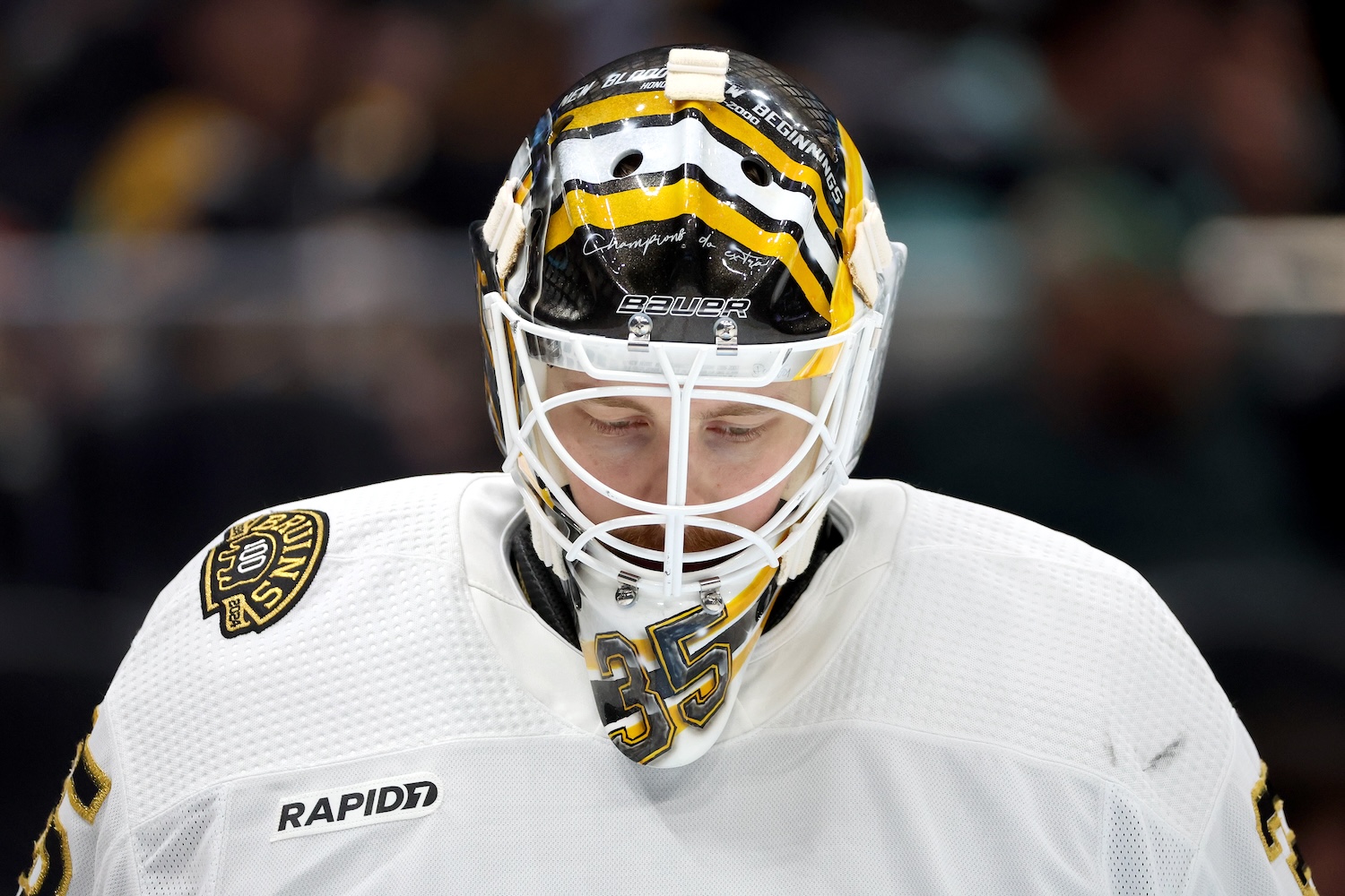 SEATTLE, WASHINGTON - FEBRUARY 26: Linus Ullmark #35 of the Boston Bruins looks on during the second period against the Seattle Kraken at Climate Pledge Arena on February 26, 2024 in Seattle, Washington. (Photo by Steph Chambers/Getty Images)