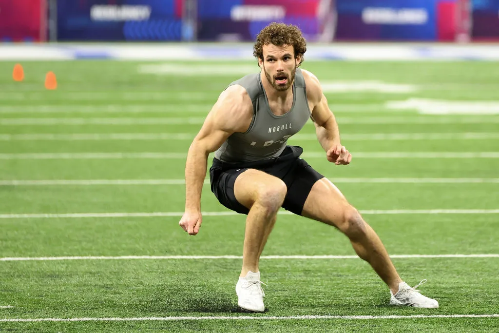 INDIANAPOLIS, INDIANA - FEBRUARY 29: Payton Wilson #LB30 of North Carolina State participates in a drill during the NFL Combine at Lucas Oil Stadium on February 29, 2024 in Indianapolis, Indiana. (Photo by Stacy Revere/Getty Images)