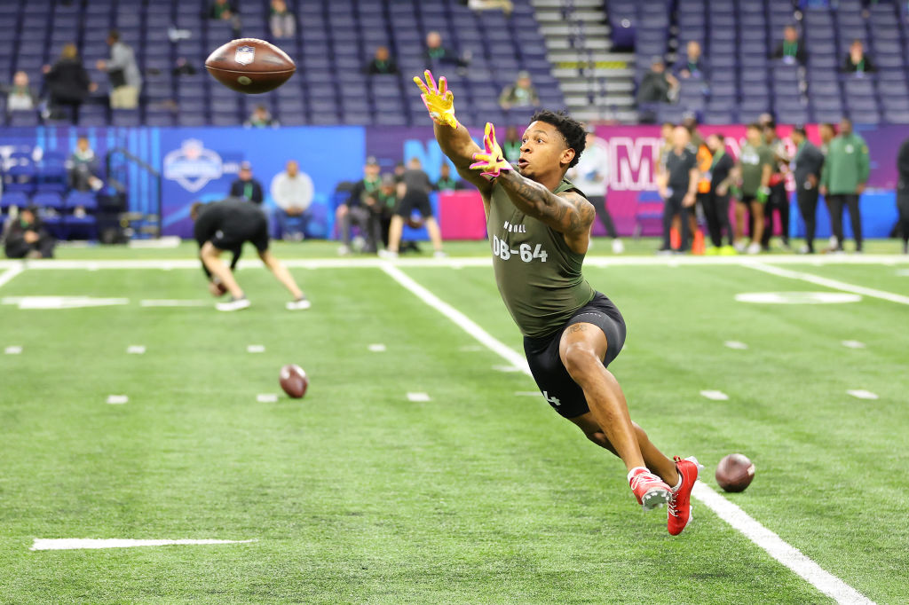 INDIANAPOLIS, INDIANA - MARCH 01: Dadrion Taylor-Demerson #DB64 of Texas Tech participates in a drill during the NFL Combine at Lucas Oil Stadium on March 01, 2024 in Indianapolis, Indiana. (Photo by Stacy Revere/Getty Images)