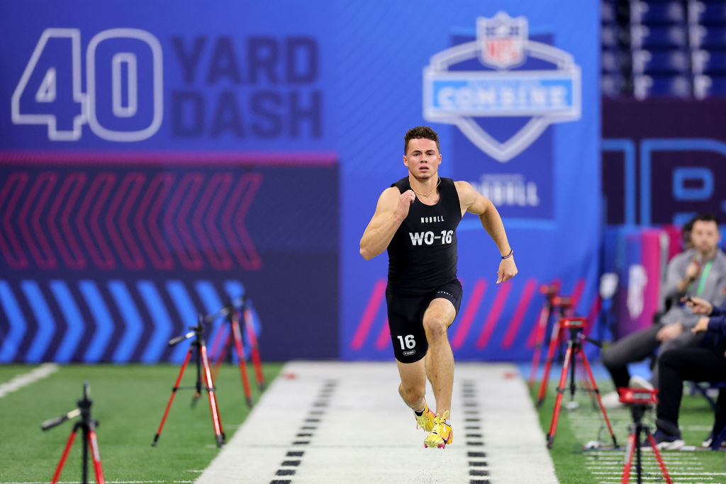 INDIANAPOLIS, INDIANA - MARCH 02: Ladd McConkey #WO16 of Georgia participates in the 40-yard dash during the NFL Combine at Lucas Oil Stadium on March 02, 2024 in Indianapolis, Indiana. (Photo by Stacy Revere/Getty Images)