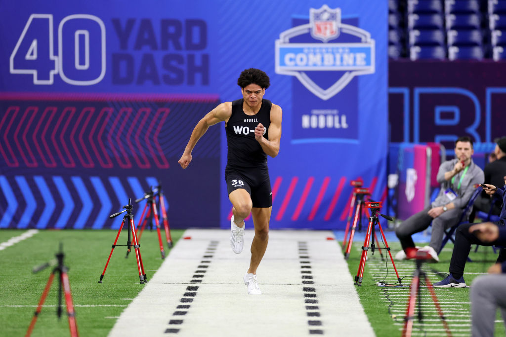 INDIANAPOLIS, INDIANA - MARCH 02: Johnny Wilson #WO38 of Florida State participates in the 40-yard dash during the NFL Combine at Lucas Oil Stadium on March 02, 2024 in Indianapolis, Indiana. (Photo by Stacy Revere/Getty Images)