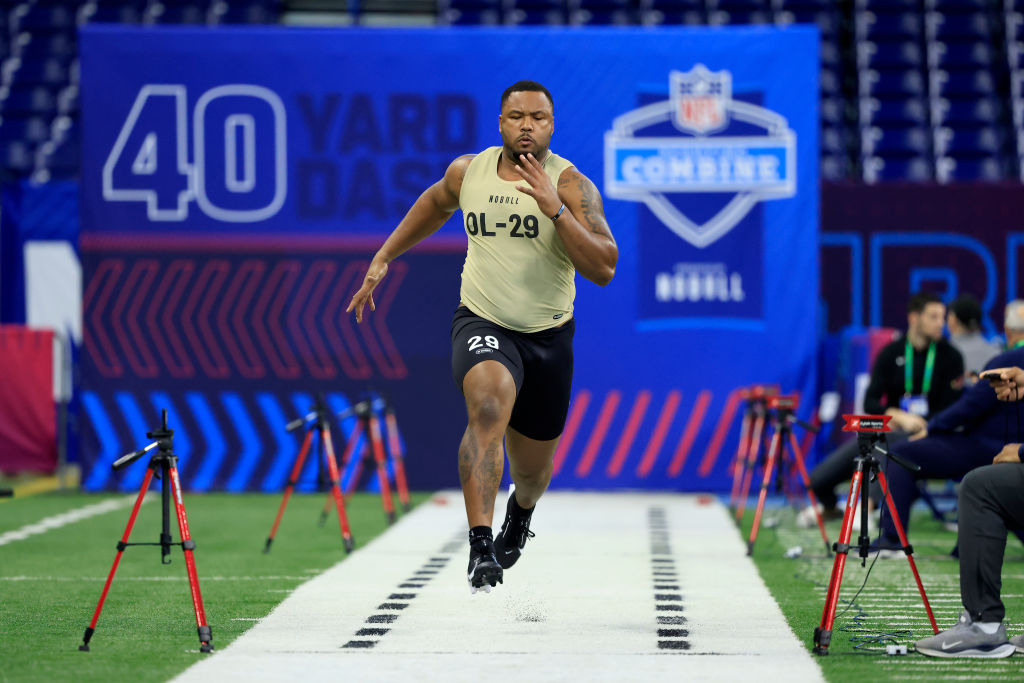 INDIANAPOLIS, INDIANA - MARCH 03: Tylan Grable #OL29 of Central Florida participates in the 40-yard dash during the NFL Combine at Lucas Oil Stadium on March 03, 2024 in Indianapolis, Indiana. (Photo by Justin Casterline/Getty Images)