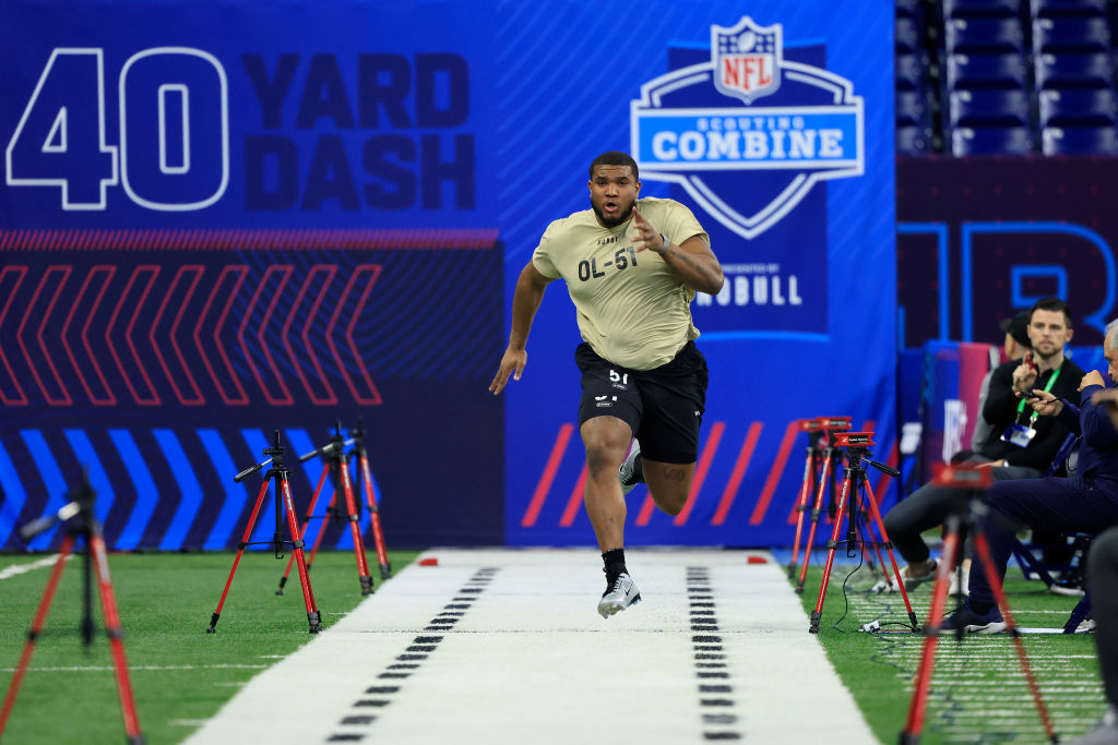 INDIANAPOLIS, INDIANA - MARCH 03: Jacob Monk #OL51 of Duke participates in the 40-yard dash during the NFL Combine at Lucas Oil Stadium on March 03, 2024 in Indianapolis, Indiana. (Photo by Justin Casterline/Getty Images)