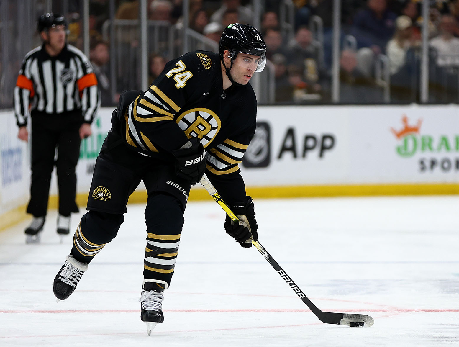 BOSTON, MASSACHUSETTS - FEBRUARY 29: Jake DeBrusk #74 of the Boston Bruins skates against the Vegas Golden Knights during the third period at TD Garden on February 29, 2024 in Boston, Massachusetts. The Bruins defeat the Knights 5-4 (Photo by Maddie Meyer/Getty Images)