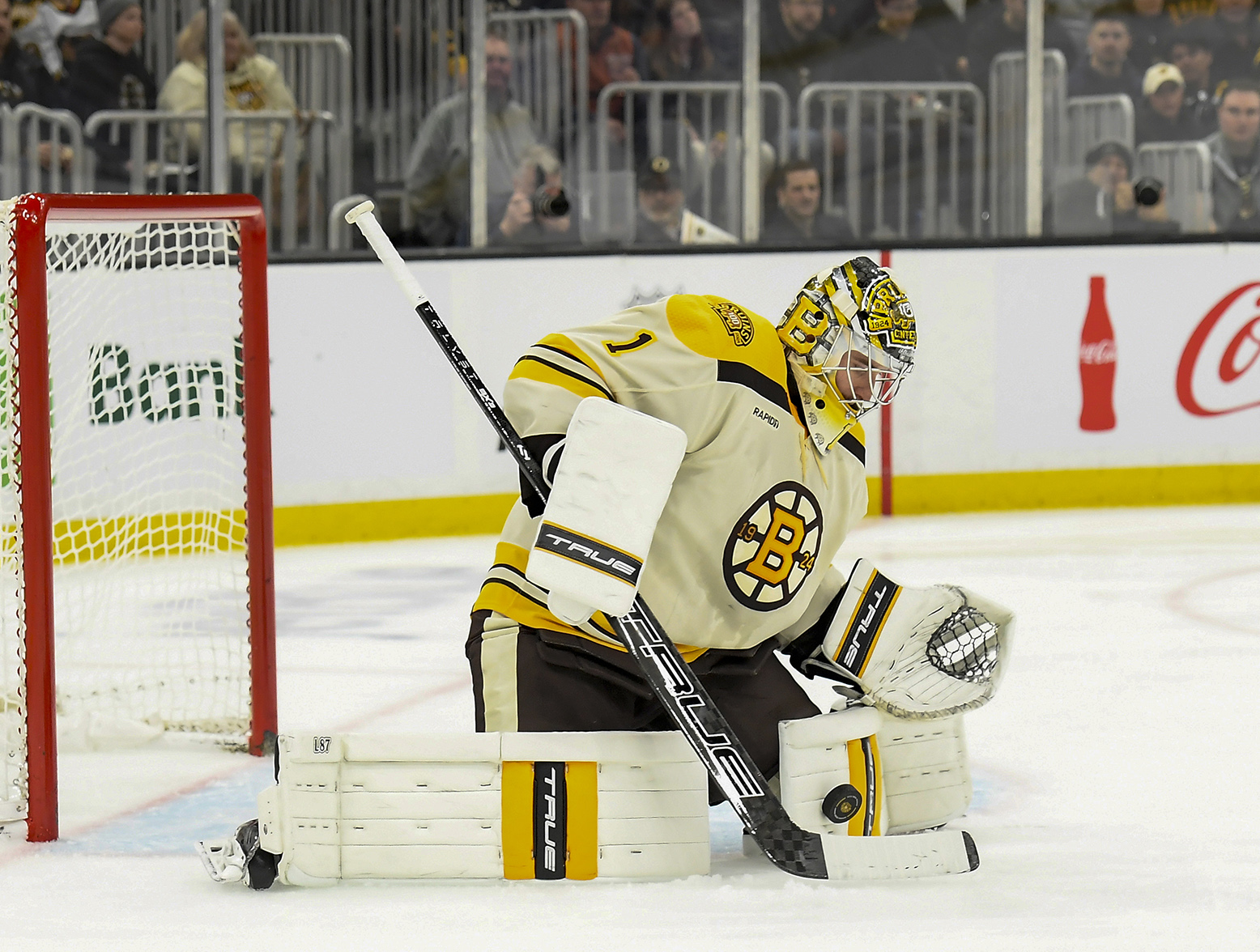 Dec 16, 2023; Boston, Massachusetts, USA; Boston Bruins goaltender Jeremy Swayman (1) makes a save during the second period against the New York Rangers at TD Garden. Mandatory Credit: Bob DeChiara-USA TODAY Sports