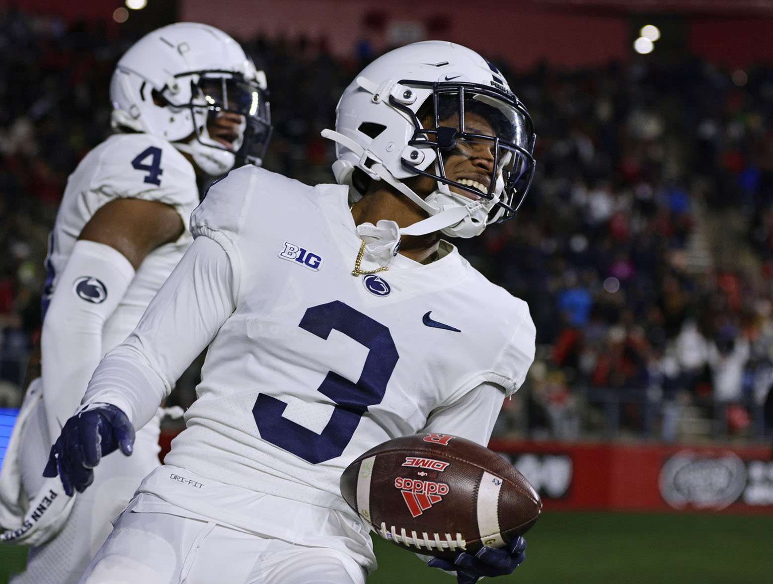 PISCATAWAY, NJ - NOVEMBER 19: Cornerback Johnny Dixon #3 of the Penn State Nittany Lions celebrates his interception against the Rutgers Scarlet Knights during the second quarter of a game at SHI Stadium on November 19, 2022 in Piscataway, New Jersey. (Photo by Rich Schultz/Getty Images)