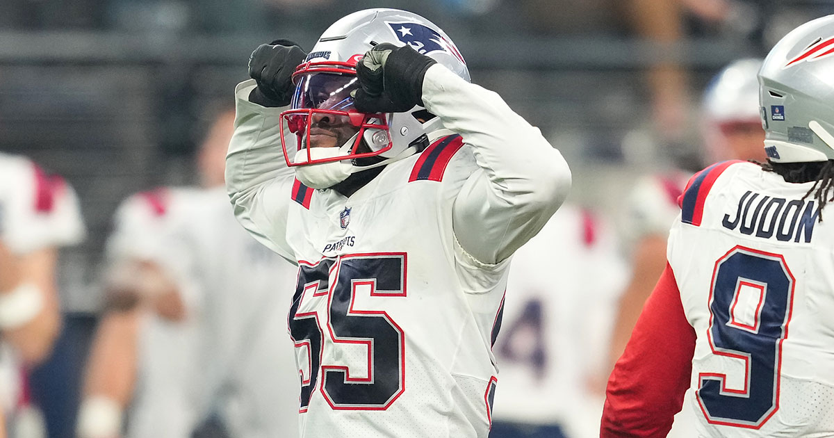 Dec 18, 2022; Paradise, Nevada, USA; New England Patriots linebacker Josh Uche (55) celebrates after getting a sack against the Las Vegas Raiders during the second half at Allegiant Stadium. Mandatory Credit: Stephen R. Sylvanie-USA TODAY Sports