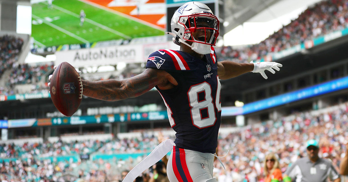 MIAMI GARDENS, FLORIDA - OCTOBER 29: Kendrick Bourne #84 of the New England Patriots celebrates a receiving touchdown during the first quarter against the Miami Dolphins at Hard Rock Stadium on October 29, 2023 in Miami Gardens, Florida. (Photo by Megan Briggs/Getty Images)