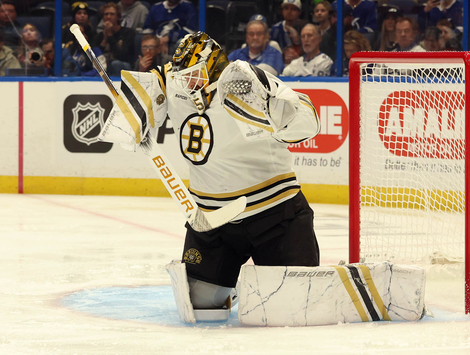 Mar 27, 2024; Tampa, Florida, USA; Boston Bruins goaltender Linus Ullmark (35) makes a save against the Tampa Bay Lightning during the first period at Amalie Arena. Mandatory Credit: Kim Klement Neitzel-USA TODAY Sports