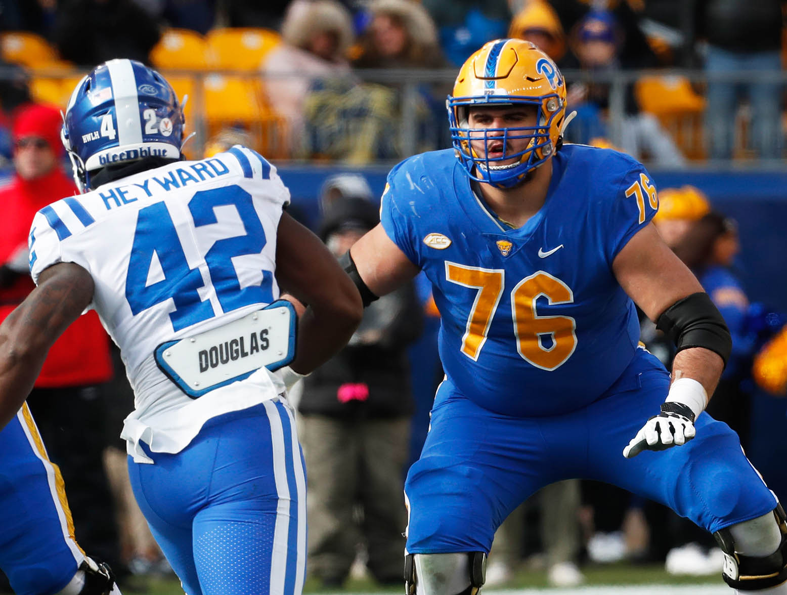 Nov 19, 2022; Pittsburgh, Pennsylvania, USA; Pittsburgh Panthers offensive lineman Matt Goncalves (76) blocks at the line of scrimmage against Duke Blue Devils linebacker Shaka Heyward (42) during the first quarter at Acrisure Stadium. Mandatory Credit: Charles LeClaire-USA TODAY Sports