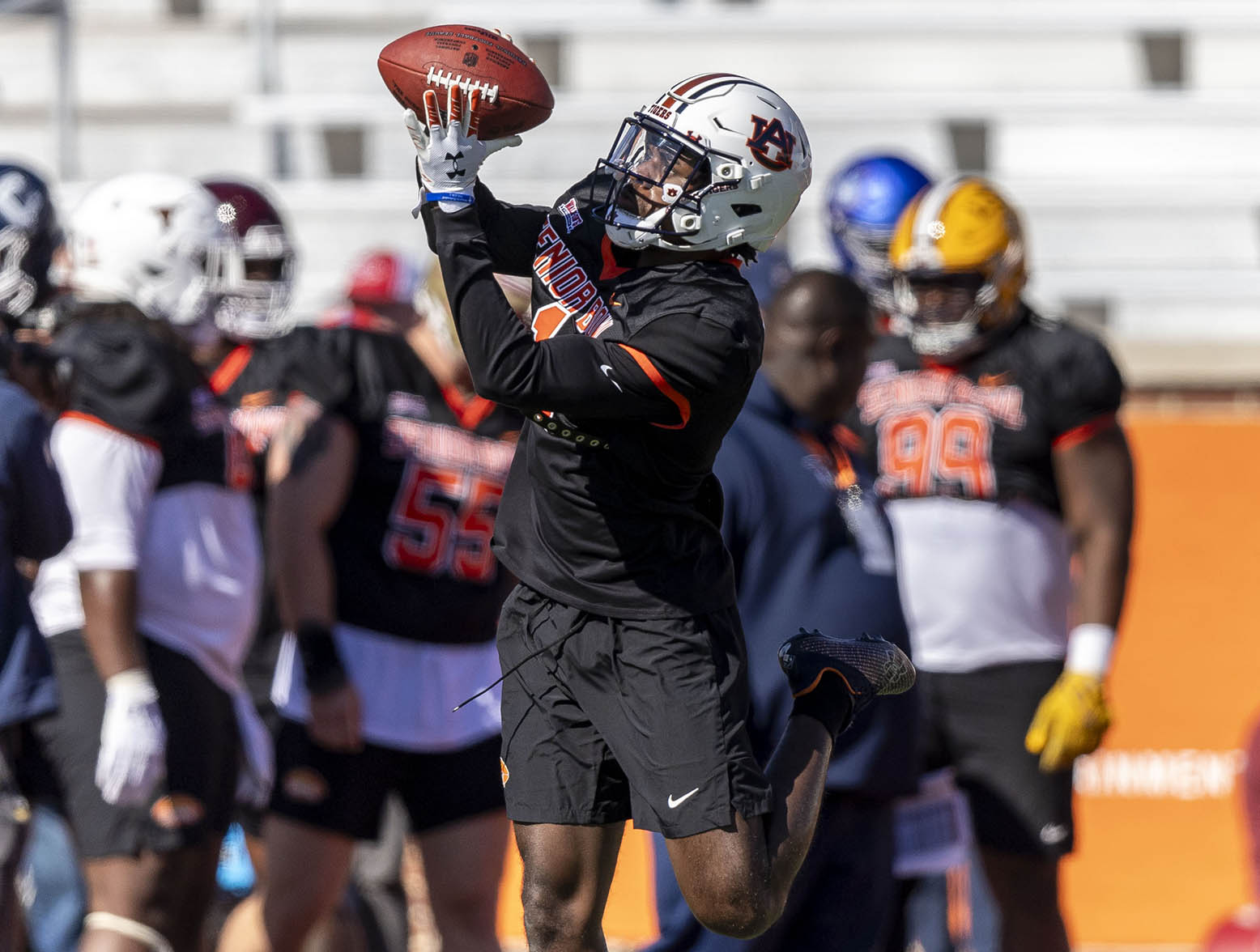 Jan 30, 2024; Mobile, AL, USA; American defensive back Nehemiah Pritchett of Auburn (1) works through drills during practice for the American team at Hancock Whitney Stadium. Mandatory Credit: Vasha Hunt-USA TODAY Sports