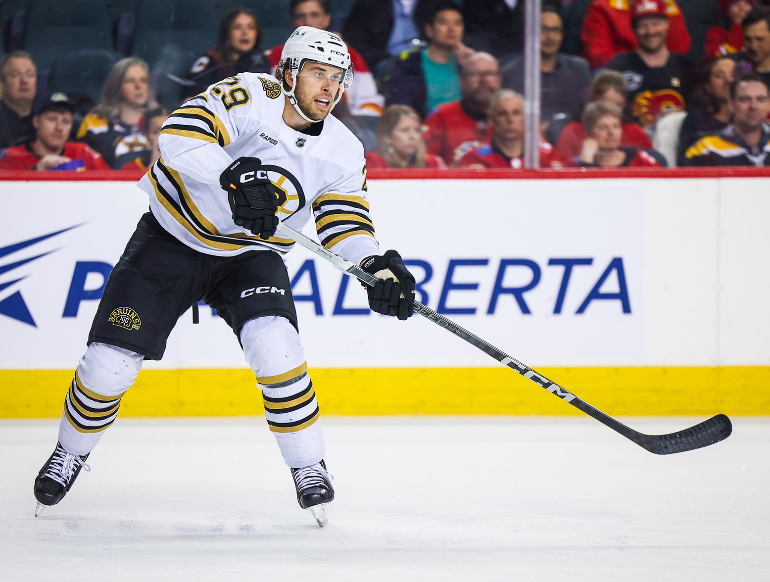 Feb 22, 2024; Calgary, Alberta, CAN; Boston Bruins defenseman Parker Wotherspoon (29) passes the puck against the Calgary Flames during the second period at Scotiabank Saddledome. Mandatory Credit: Sergei Belski-USA TODAY Sports