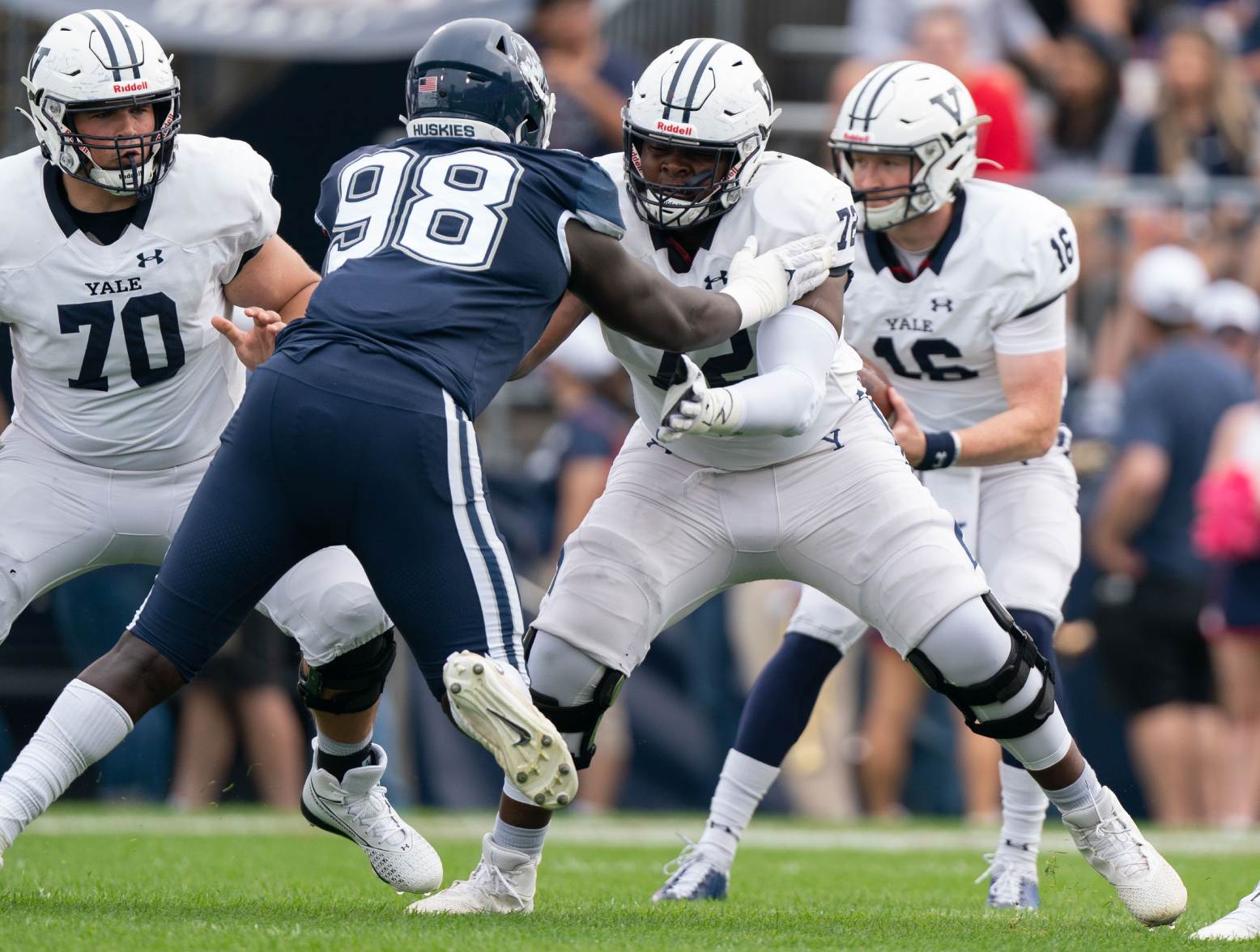 Oct 16, 2021; East Hartford, Connecticut, USA; Yale Bulldogs offensive lineman Kiran Amegadjie (72) blocks Connecticut Huskies defensive lineman Lwal Uguak (98) during the first half at Rentschler Field at Pratt & Whitney Stadium. Credit: Gregory Fisher-USA TODAY Sports