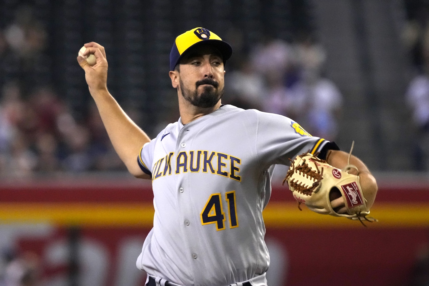 Sep 4, 2022; Phoenix, Arizona, USA; Milwaukee Brewers starting pitcher Jason Alexander (41) throws against the Arizona Diamondbacks in the first inning at Chase Field. Mandatory Credit: Rick Scuteri-USA TODAY Sports