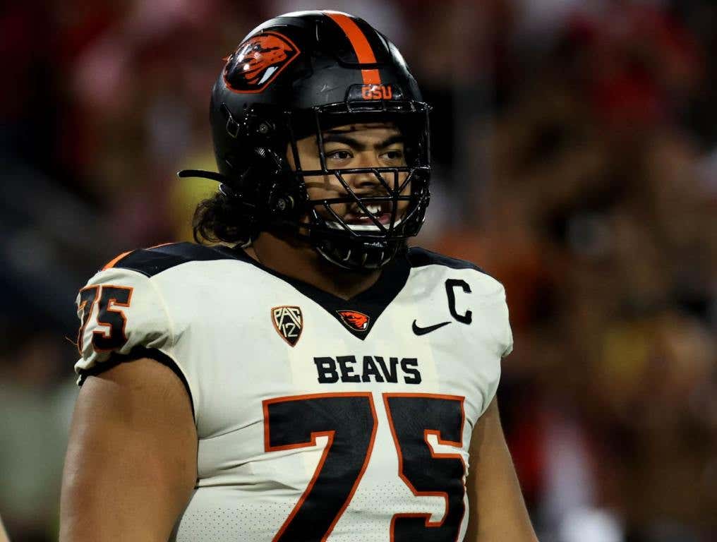 Oct 28, 2023; Tucson, Arizona, USA; Oregon State Beavers offensive lineman Taliese Fuaga #75 walks off the field against the Arizona Wildcats at Arizona Stadium. Credit: Zachary BonDurant-USA TODAY Sports