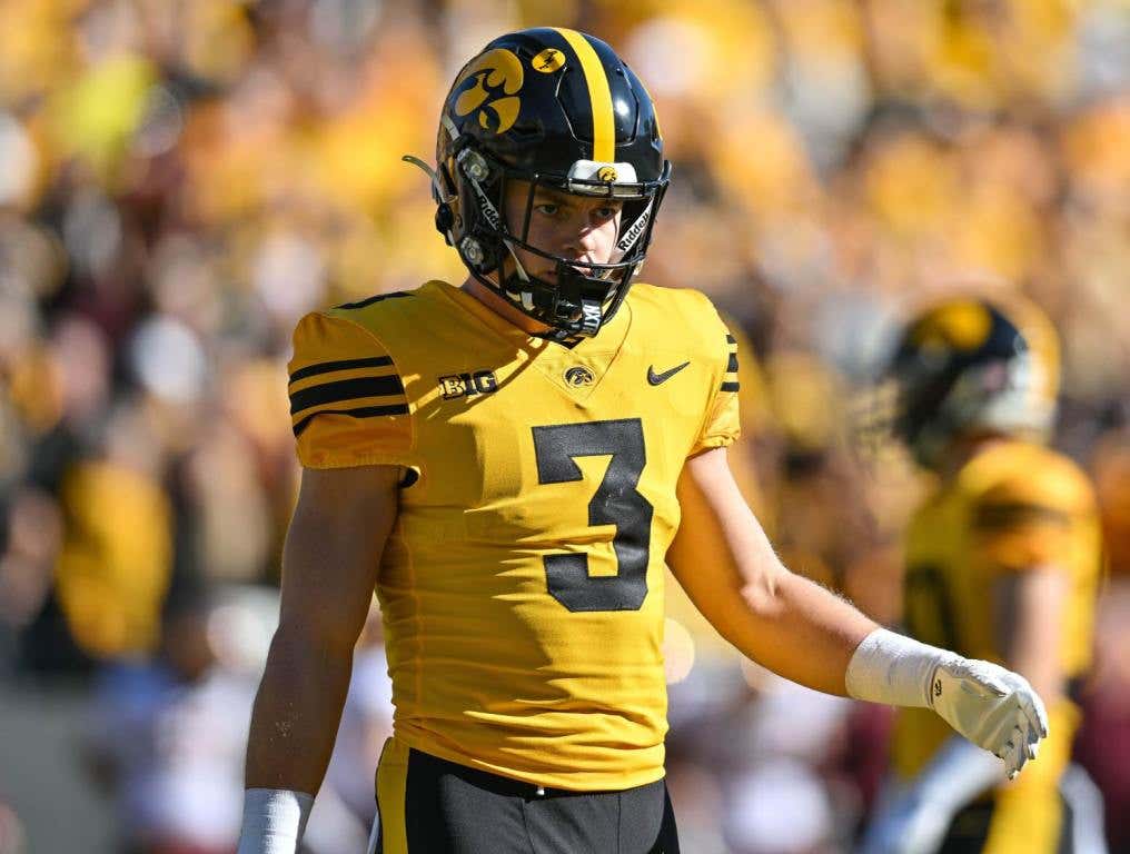 Oct 21, 2023; Iowa City, Iowa, USA; Iowa Hawkeyes defensive back Cooper DeJean (3) looks on during the game against the Minnesota Golden Gophers at Kinnick Stadium. Credit: Jeffrey Becker-USA TODAY Sports