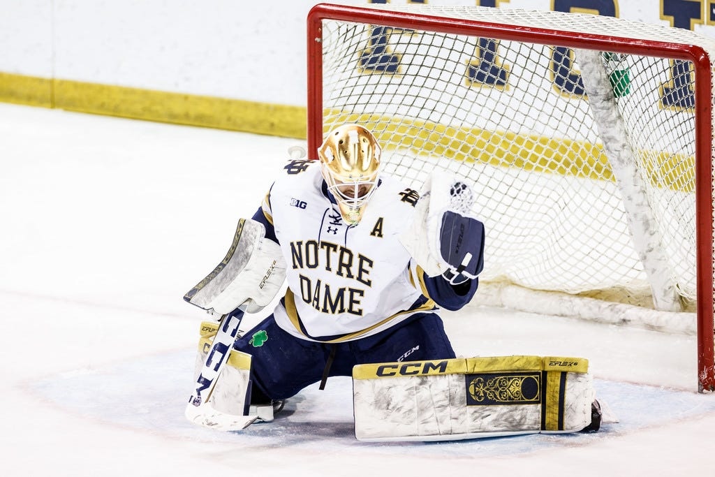 Notre Dame goaltender Ryan Bischel (30) makes the save during the Michigan State-Notre Dame NCAA hockey game on Friday, February 02, 2024, at Compton Family Ice Arena in South Bend, Indiana.