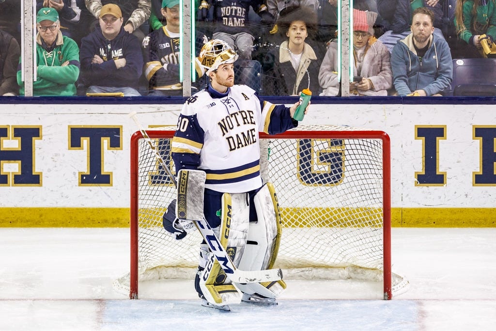Notre Dame goaltender Ryan Bischel (30) during the Michigan State-Notre Dame NCAA hockey game on Friday, February 02, 2024, at Compton Family Ice Arena in South Bend, Indiana.